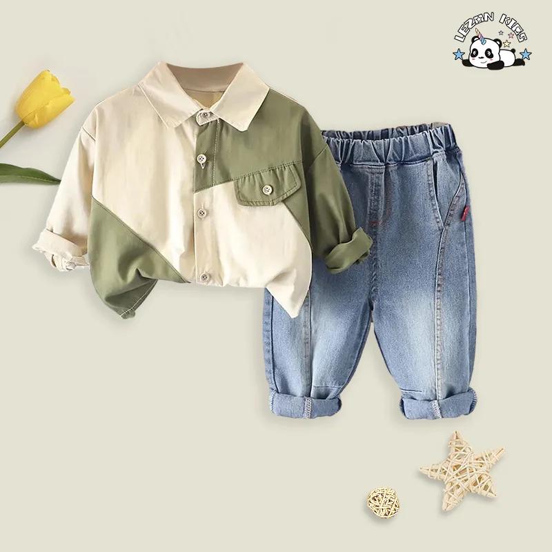 LEZONKIDS - Wholesale Baby Boy Clothing Set Casual Cotton Denim Fabric Solid Pattern for Children Aged 2-14 Years